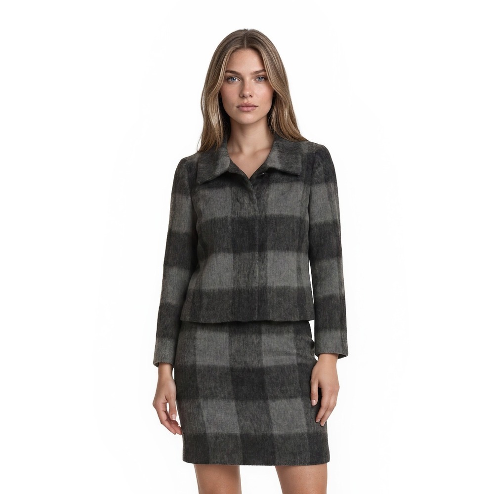 Talbots Skirt Suit Jacket Blazer Women's Size 10 Grey Plaid Wool Alpaca Brushed